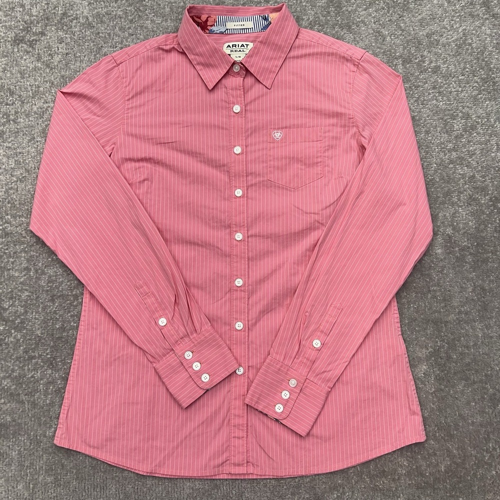 Ariat Long Sleeve Button Up Shirt Womens Large Flip Cuffs Fitted Pink Pinstriped - Picture 11 of 14